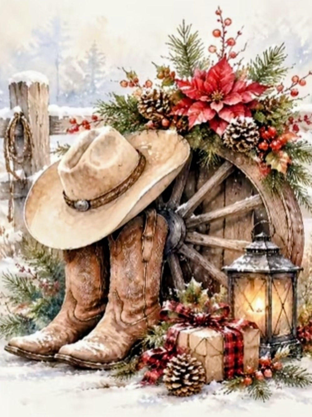 Rustic Western Cowboy Boots & Hat Holiday Print - Red Accents 8x10